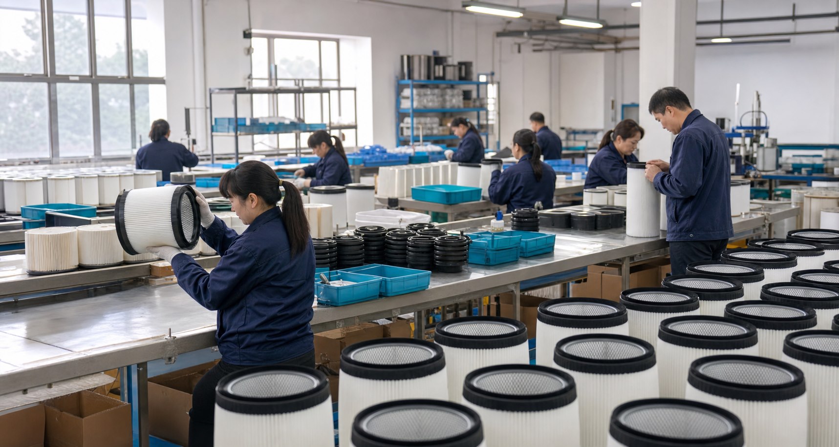 Representative workshop scene with workers assembling generic pleated filters