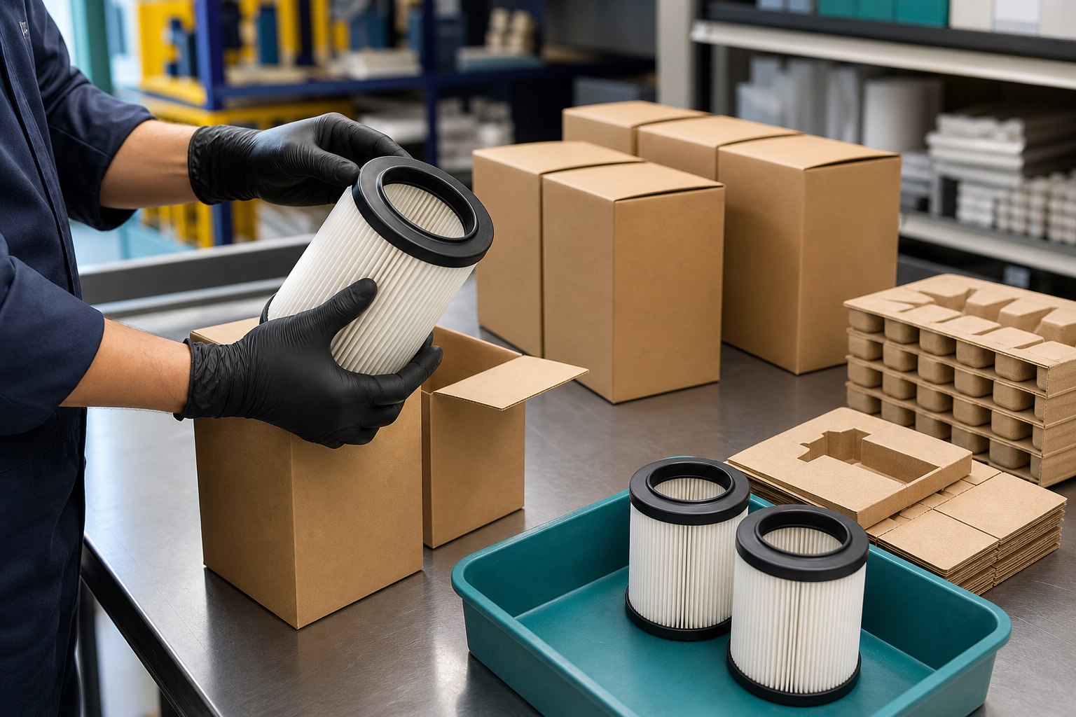 Technician packing unbranded pleated filters into plain cartons at a clean workbench