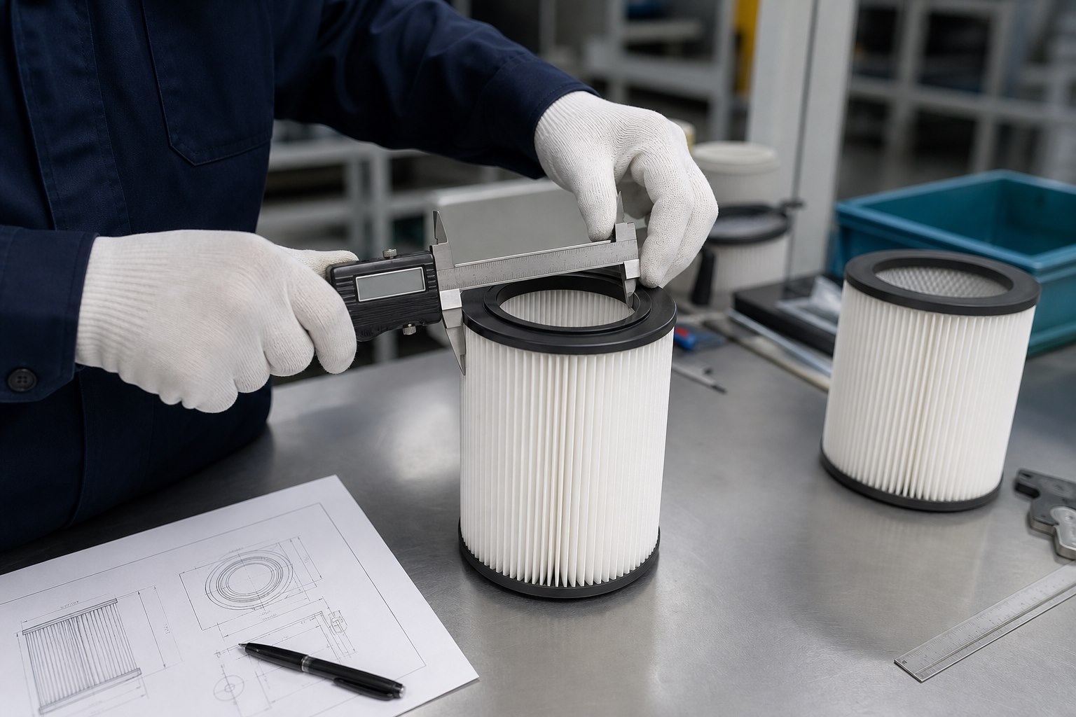 Technician measuring an unbranded pleated filter with a caliper